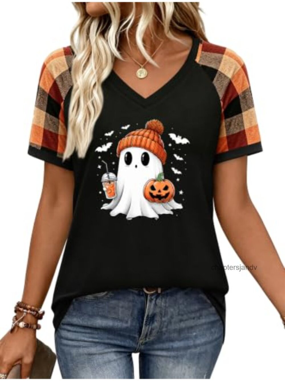 Women's Halloween Ghost Pumpkin Graphic V-Neck T-Shirt